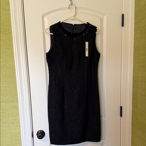 T Tahari Black and Navy Sleeveless Sheath Dress with Subtle Metallic Stripes